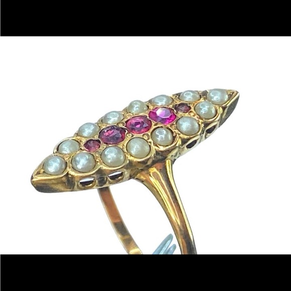Art Deco 10K yellow gold 0.1ct Ruby Seed Pearl Navette ring ❤️ - Picture 5 of 9